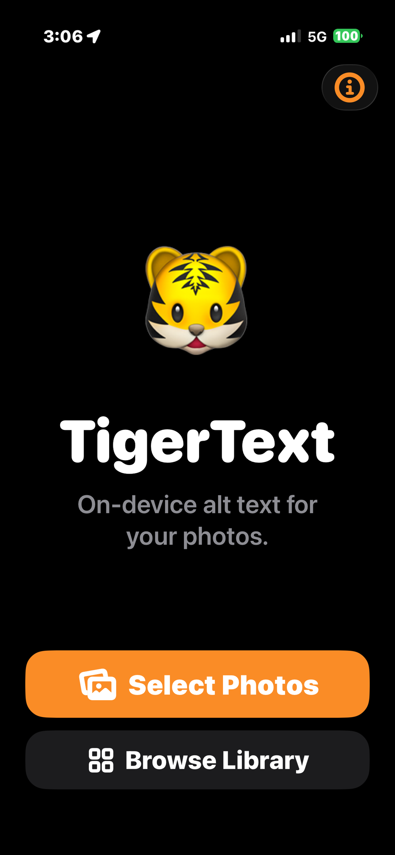 TigerText home screen with a large Select Photos button